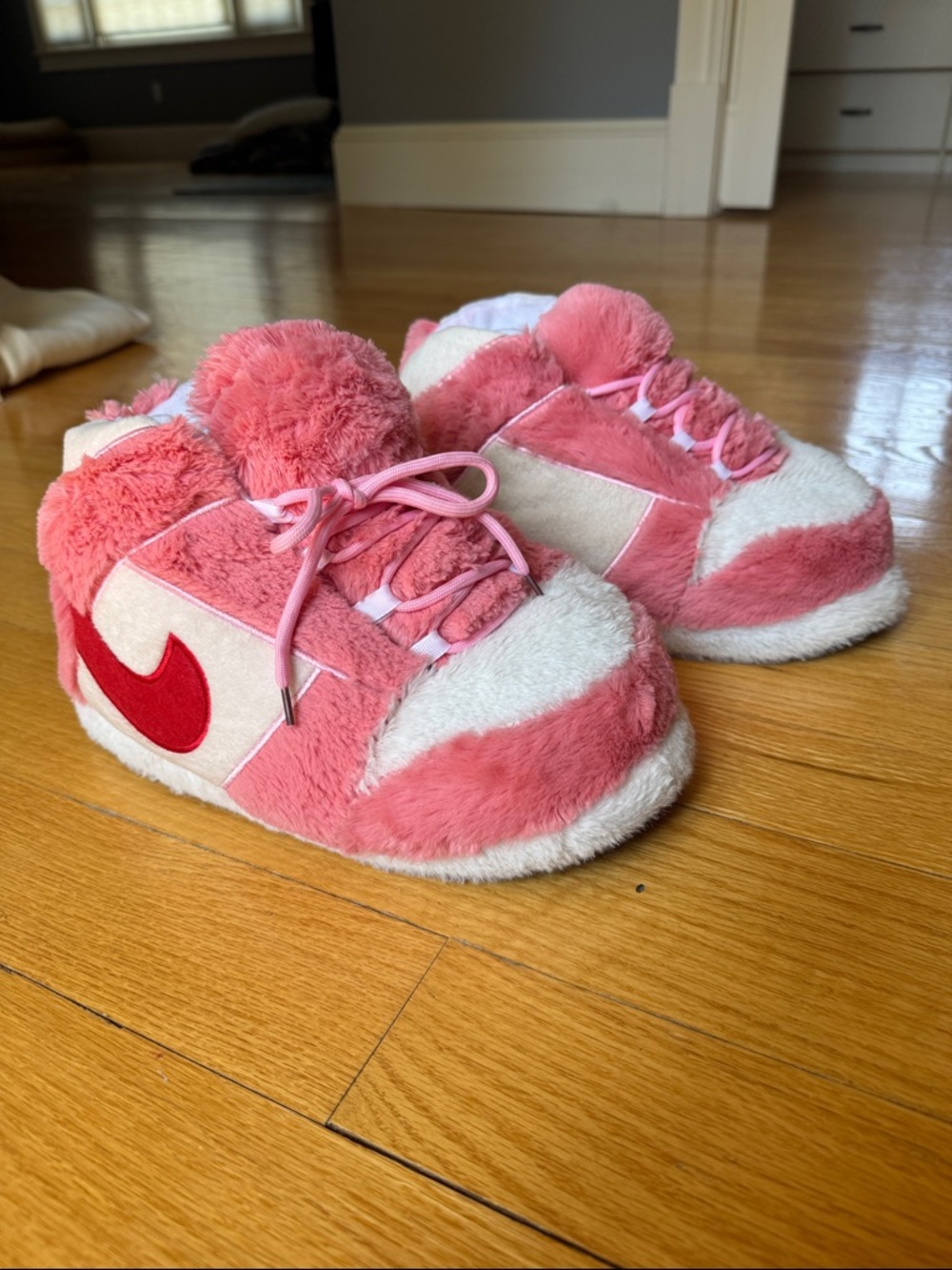 Kids Pink Plush Sneakers with Red Swoosh